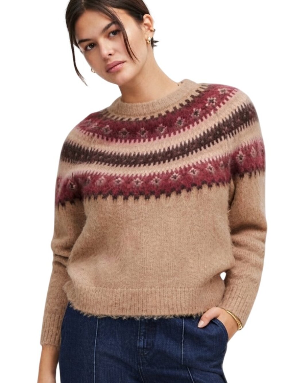Madewell Fair Isle Alpaca-blend Sweater Camel Fairisle Crewneck Tan Medium